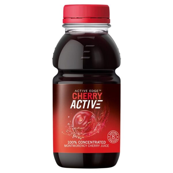 Bottle of Active Edge CherryActive Concentrated Montmorency Cherry Juice – 237ml, 100% natural with no added sugar, ideal for recovery, smoothies, and health-conscious lifestyles.